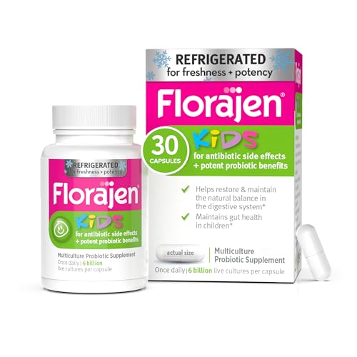 Florajen Kids Probiotics Daily Gut Health Immune Support Supplement Constipation and Bloating Relief 30 Capsules Refrigerated